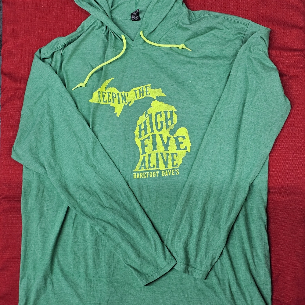 Barefoot Dave's hooded long sleeve t shirt  Keep the High‎ Five Alive Green 3xl